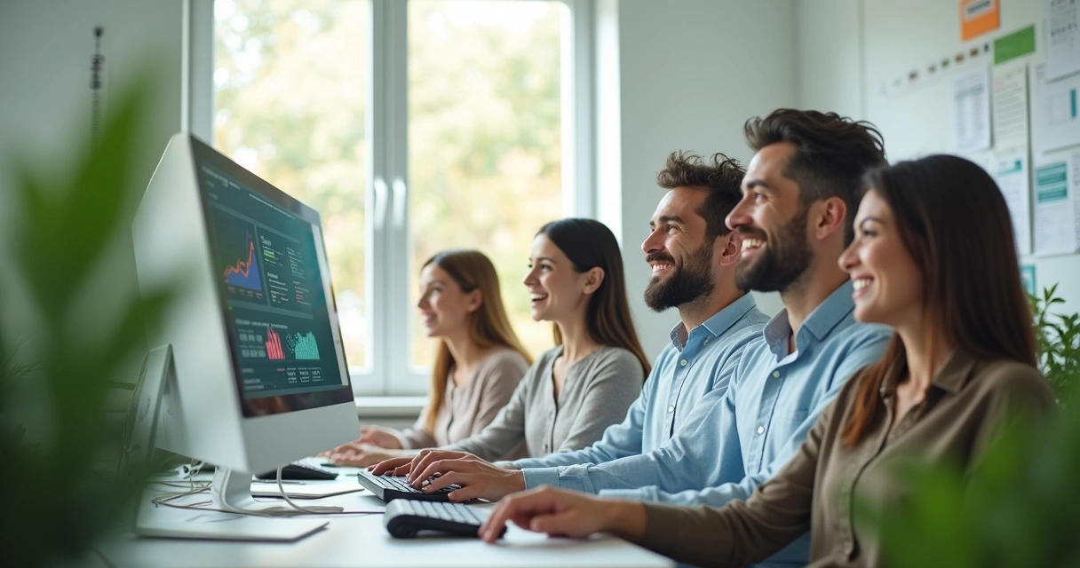 Equipe de vendas relaxada com automação digital ao fundo. 