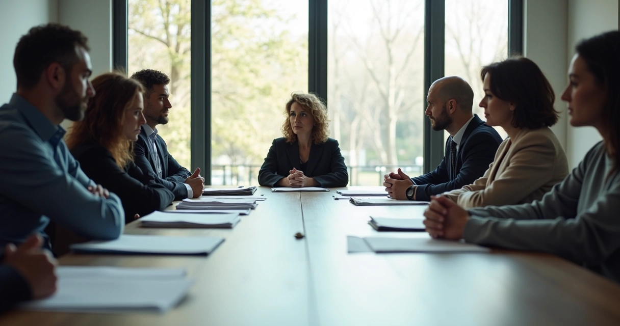 Equipe de trabalho sentada ao redor de uma mesa, todos olhando para lugares diferentes, demonstrando falta de conexão 