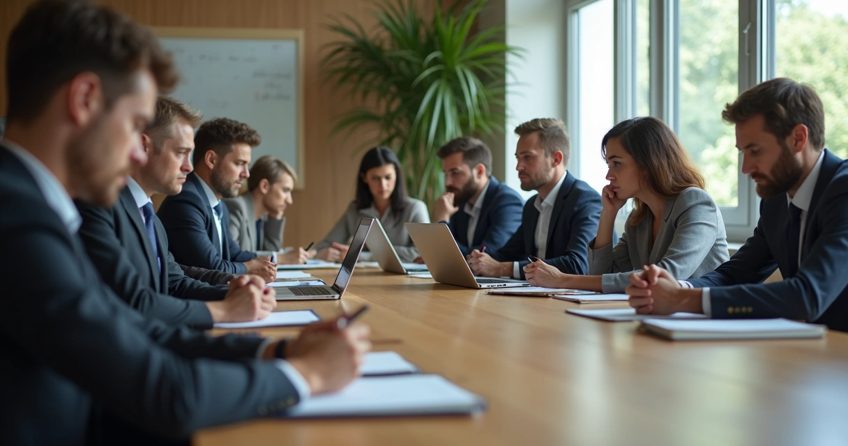 Equipe em reunião com expressões desanimadas, sentados ao redor de uma mesa 