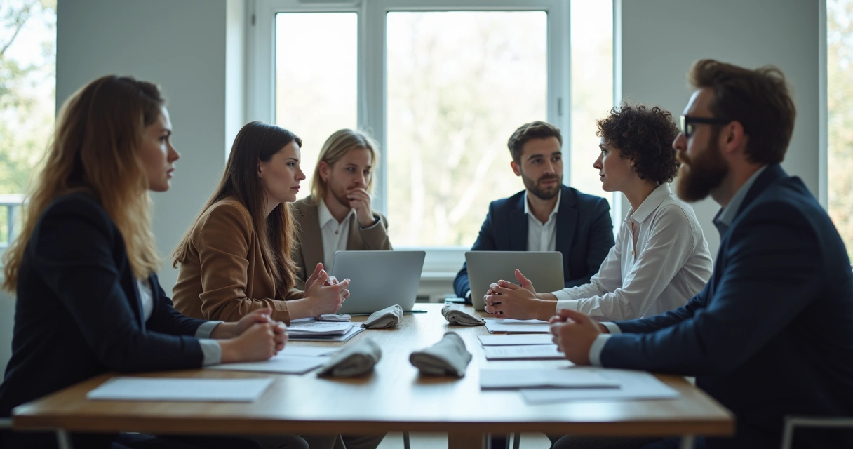 Equipe sentada ao redor de uma mesa olhando para lados opostos 