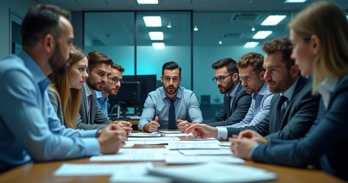 Equipe de tecnologia analisando documentação de empresa com desconfiança. 