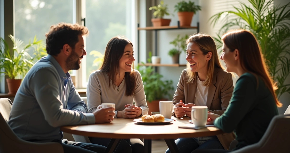 Funcionários reunidos durante uma pausa descontraída para café 