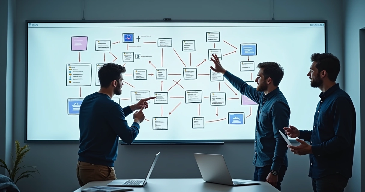 Três desenvolvedores discutindo em frente a um quadro branco com diagramas de software