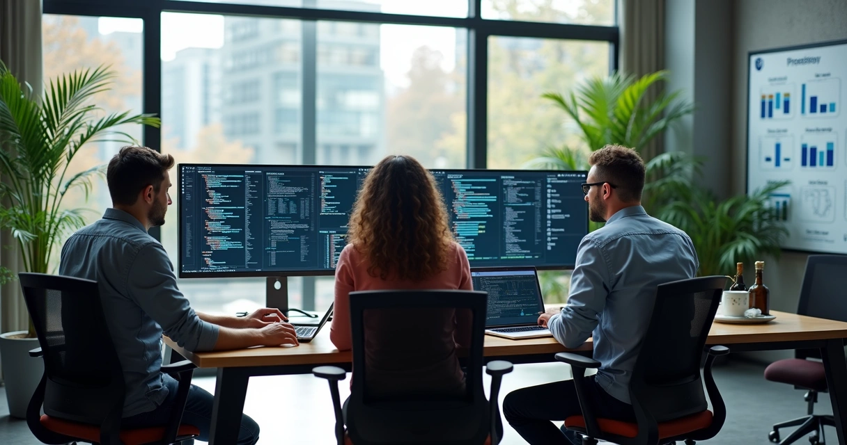 Equipe multidisciplinar de desenvolvedores de aplicativos trabalhando em um escritório moderno com computadores e telas mostrando códigos e gráficos digitais 