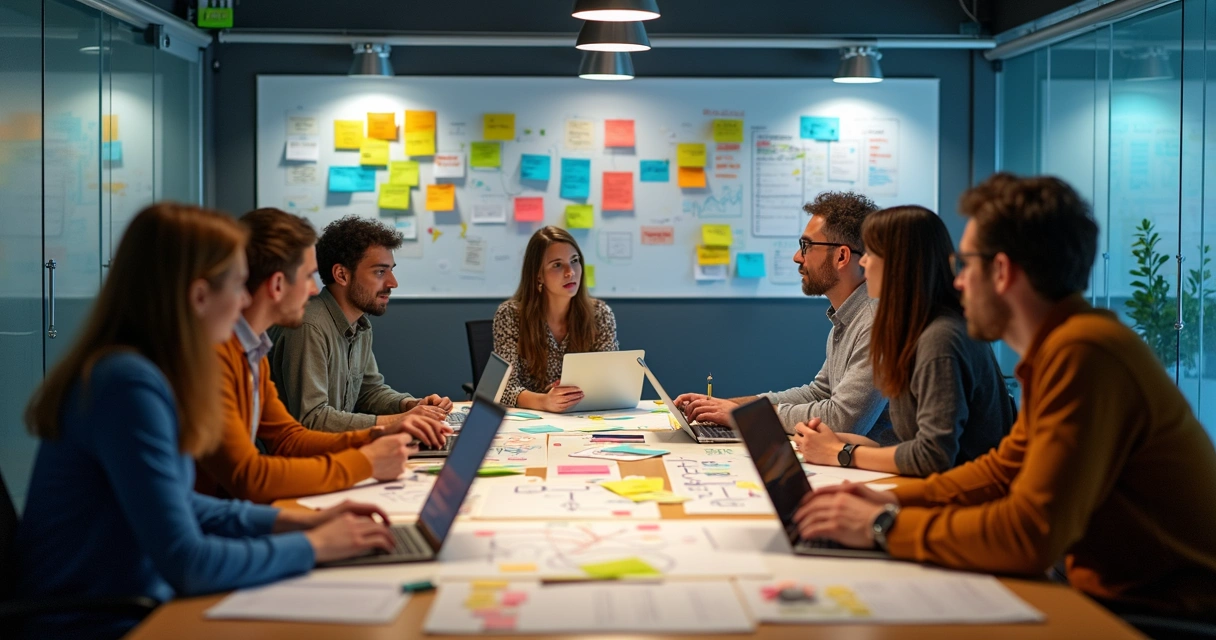 Time reunido discutindo projeto de software com post-its e computadores