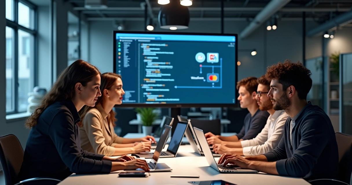 Equipe de desenvolvedores integrando sistema de pagamento ao site