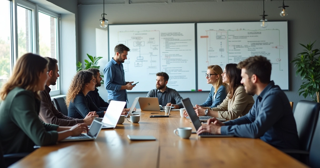 Reunião de desenvolvedores em mesa de escritório com laptops e cálculos na lousa ao fundo. 