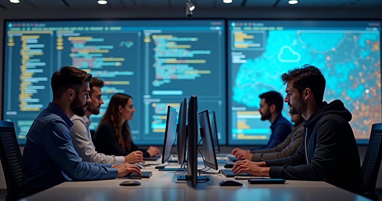 Equipe SaaS trabalhando em computadores em ambiente de escritório moderno 