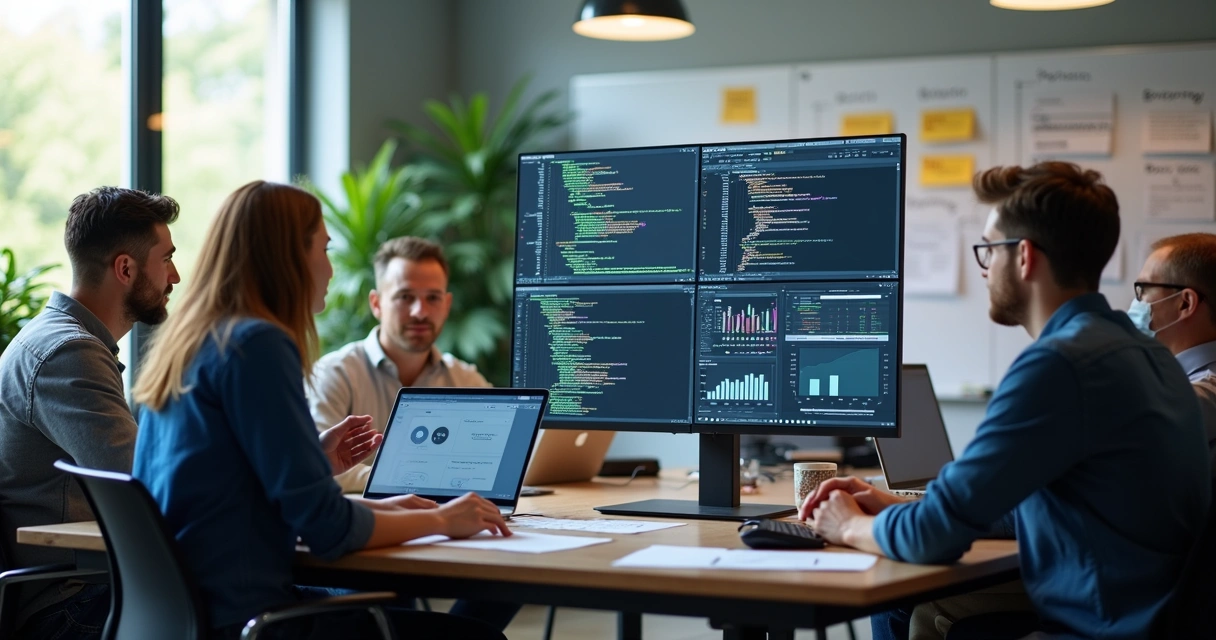 Equipe de desenvolvedores trabalhando juntos em escritório moderno com computadores e telas mostrando códigos e gráficos 