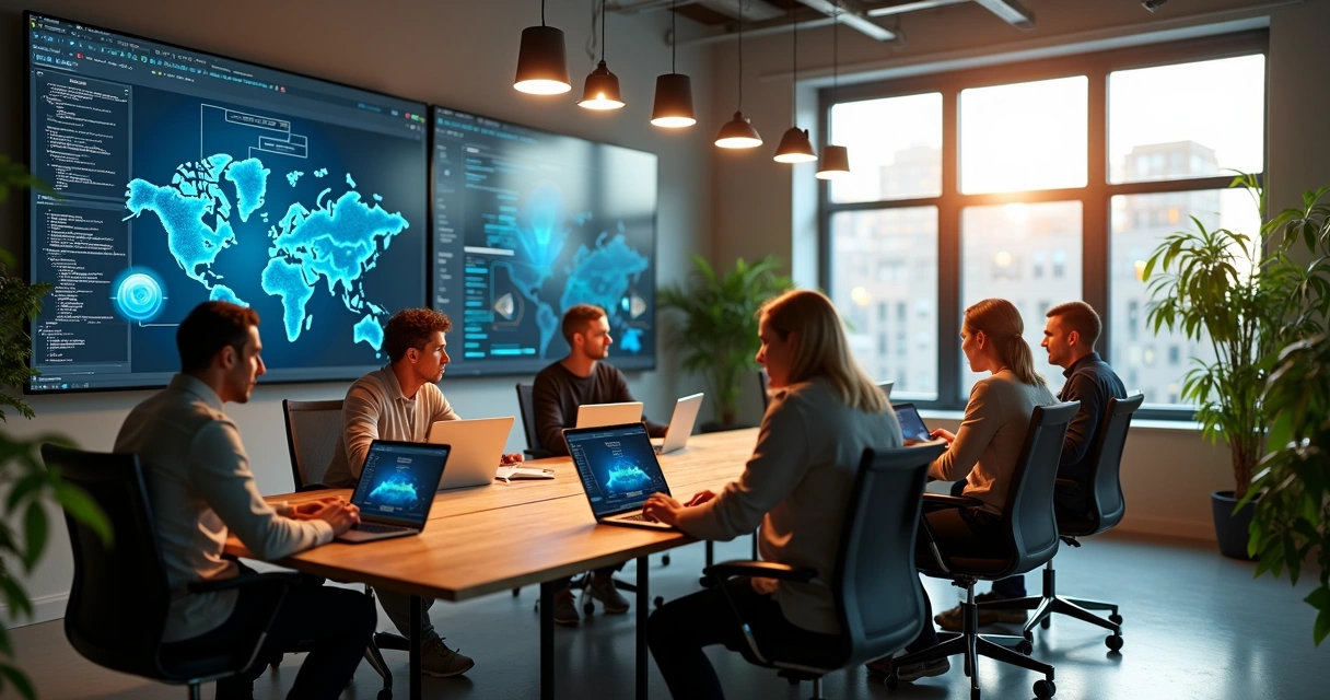 Equipe multidisciplinar trabalhando em desenvolvimento de software personalizado em ambiente moderno e tecnológico 