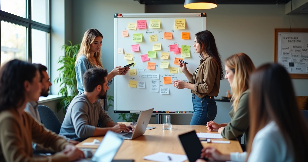 Equipe desenvolvendo app em quadro branco com tablets e laptop sobre a mesa 