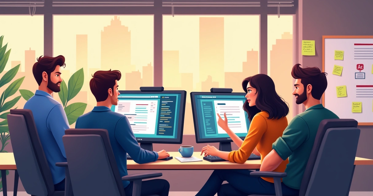 Equipe de desenvolvedores em um ambiente moderno trabalhando juntos em códigos JavaScript