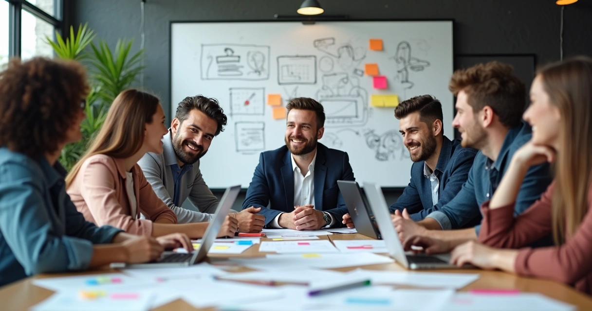 Equipe trabalhando em reunião com computador e quadros de ideias ao fundo 