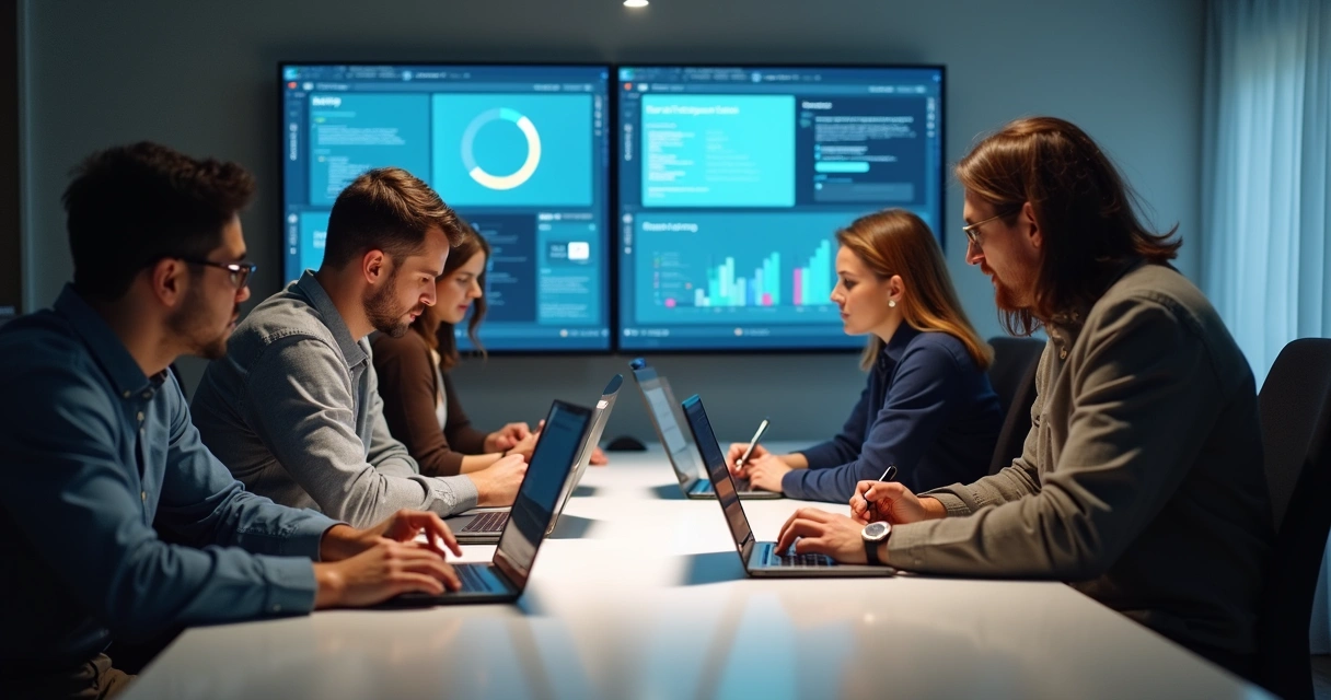 Equipe desenvolvendo site em notebooks na mesa de trabalho 