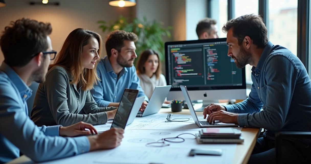 Equipe desenvolvendo software personalizado em computadores modernos, mesa com papéis, ambiente de escritório tecnológico