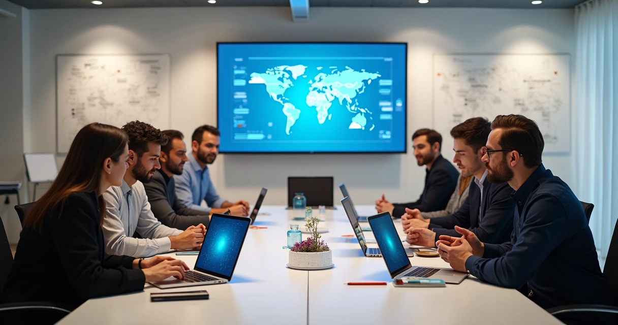 Equipe multidisciplinar reunida em mesa discutindo 