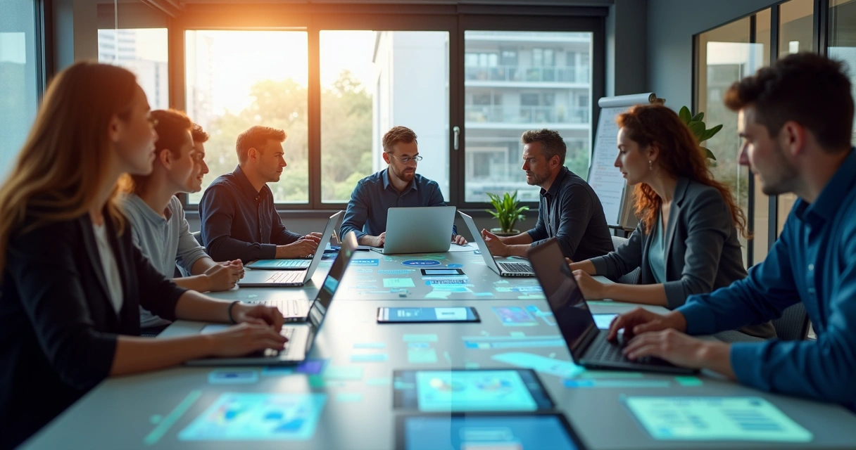 Profissionais variados em mesa de trabalho com telas de aplicativo 
