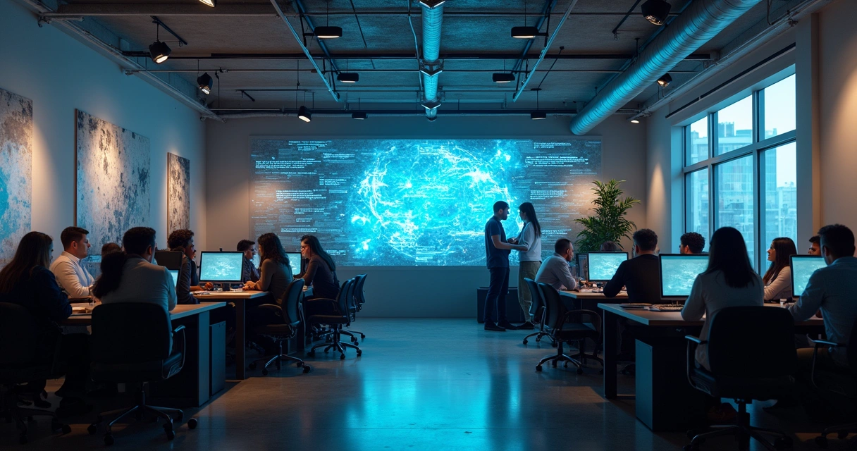 Equipe de tecnologia criando aplicativo de IA em ambiente de trabalho colaborativo 