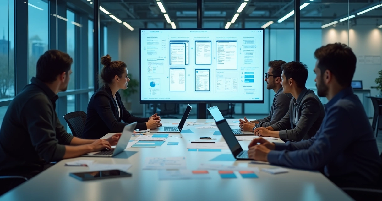 Equipe de TI analisando protótipo de aplicativo empresarial 