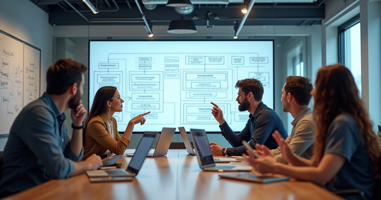 Equipe de desenvolvimento de apps trabalhando reunida em escritório moderno 