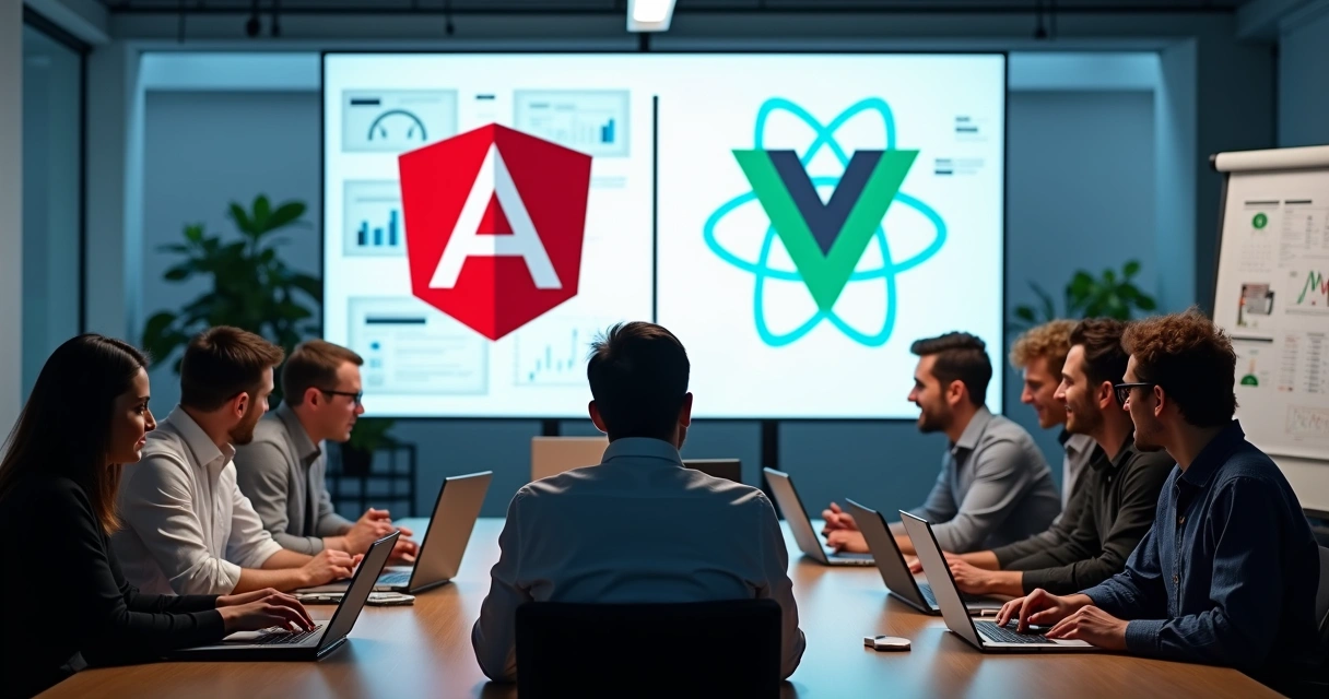 Equipe de desenvolvimento discutindo em uma mesa de reunião 