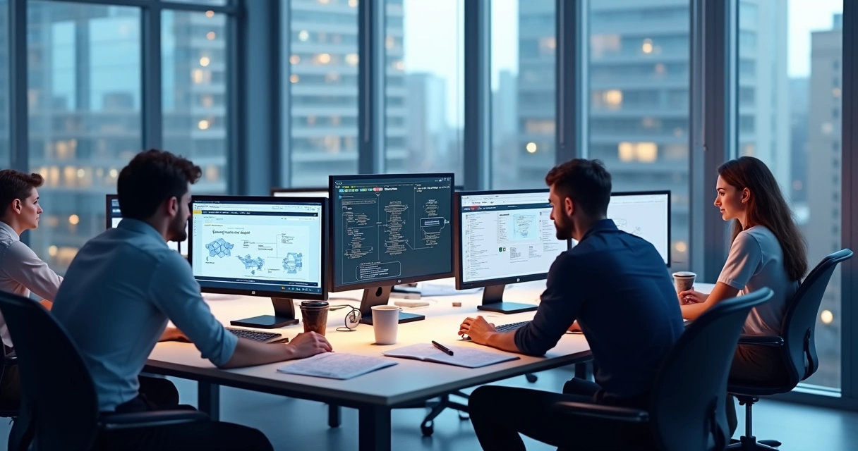 Equipe focada desenvolvendo software logístico em computadores em escritório moderno. 