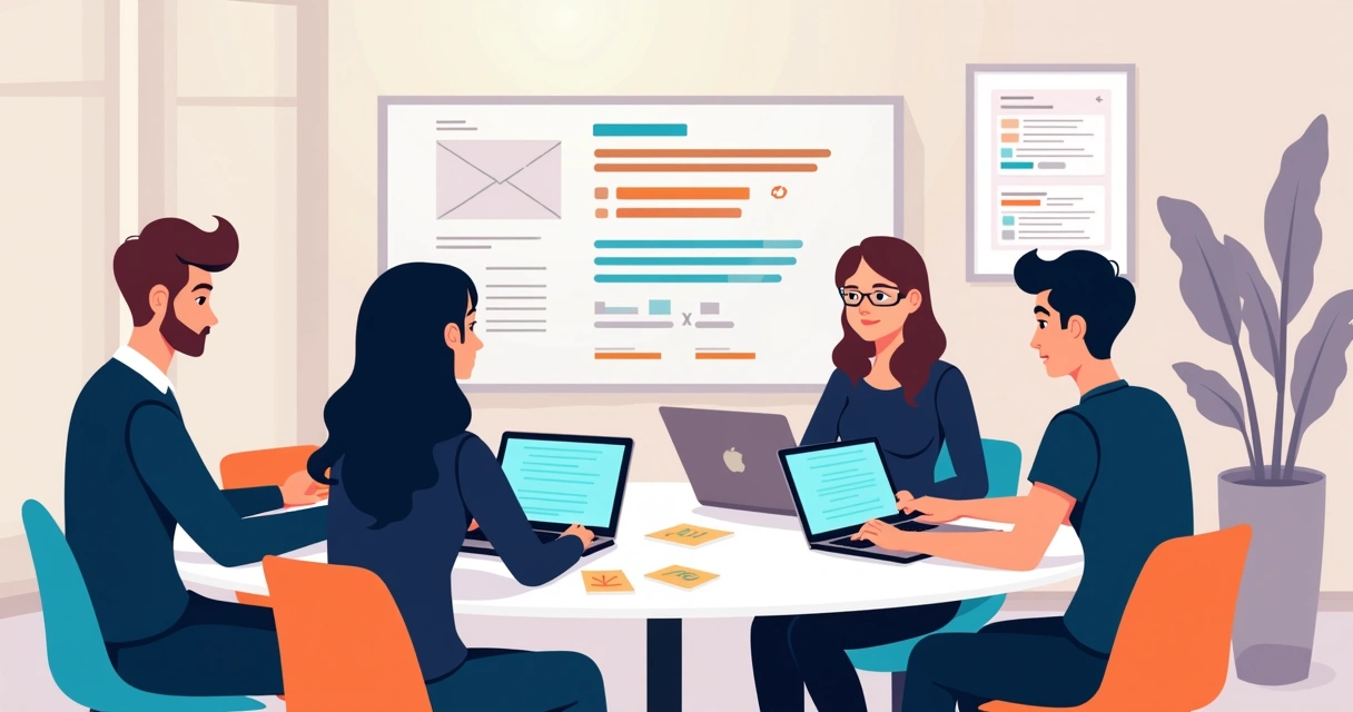 Equipe desenvolvendo MVP SaaS em notebooks sentados em mesa redonda 