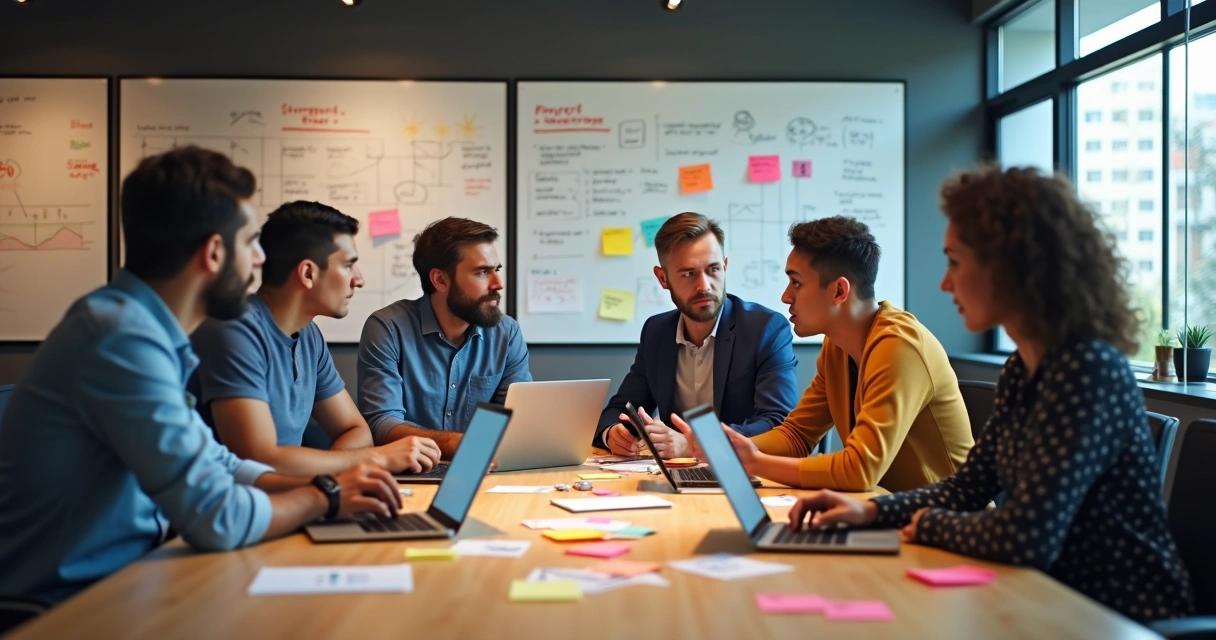 Equipe de desenvolvimento trabalhando em um projeto digital com quadros de planejamento e laptops em uma sala moderna 