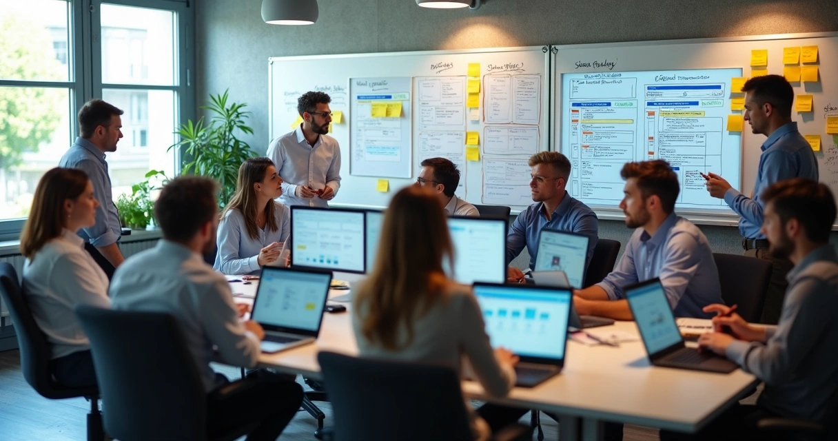 Equipe trabalhando junta em computadores, colaborando no desenvolvimento de um app no-code personalizado 