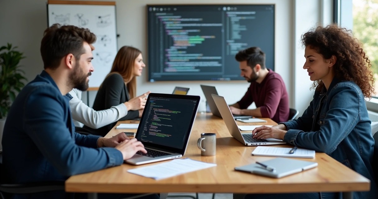Equipe de desenvolvimento discutindo projeto em uma mesa 