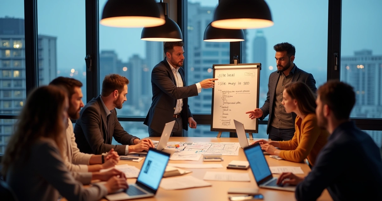 Equipe reunida em torno de mesa desenvolvendo site para empresa local 
