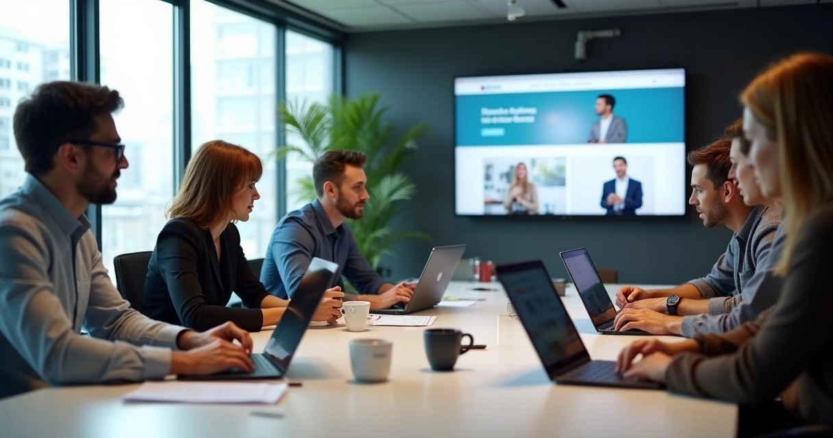 Equipe reunida analisando protótipo de site em notebooks 