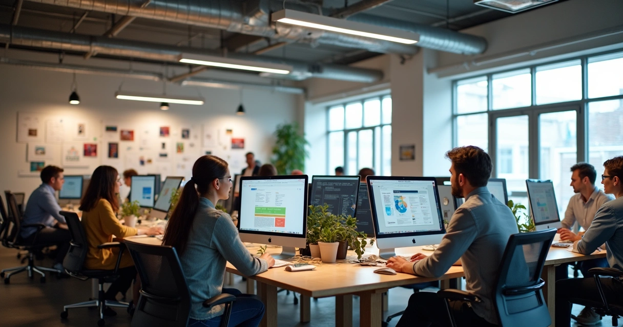 Equipe de profissionais trabalhando em computadores em ambiente de agência de criação de sites profissionais 