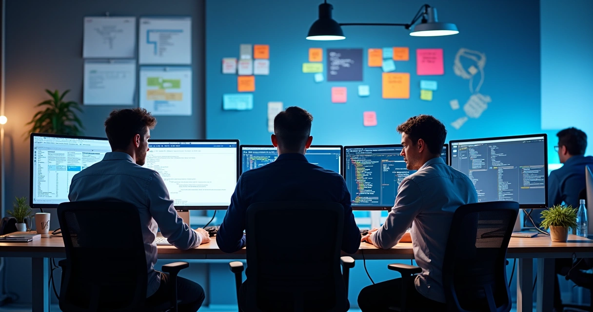 Equipe de desenvolvimento trabalhando em site WordPress em computadores 