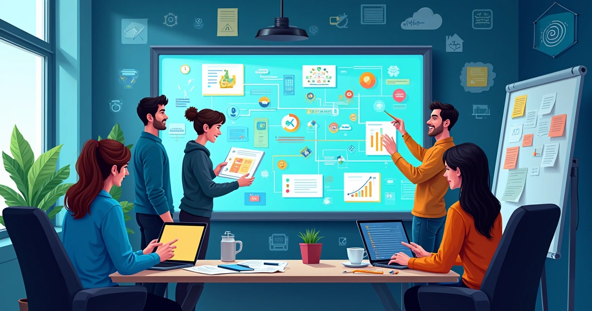 Equipe de desenvolvimento de software discutindo abordagens em uma sala moderna e iluminada.