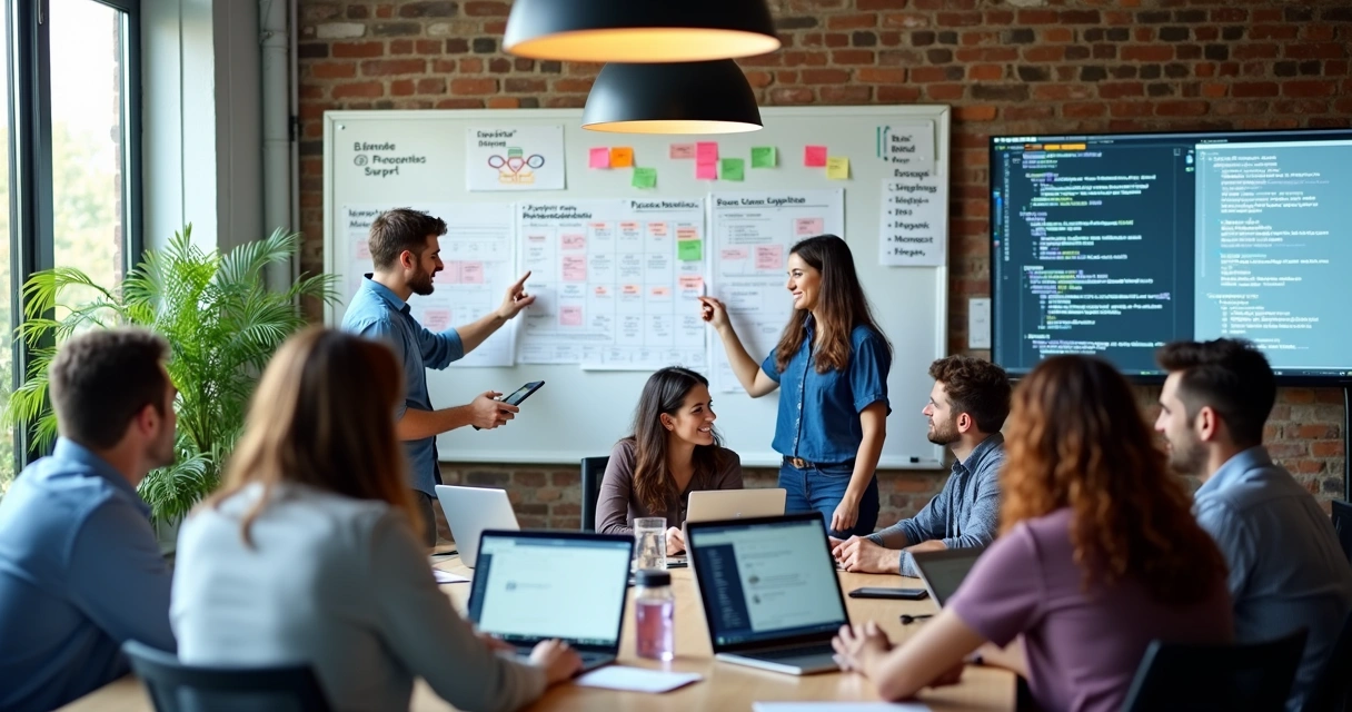 Equipe de desenvolvimento de software colaborando em projeto digital