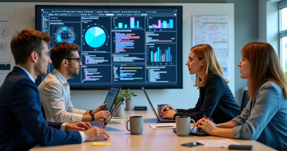 Equipe de desenvolvimento discutindo em frente a código na tela 