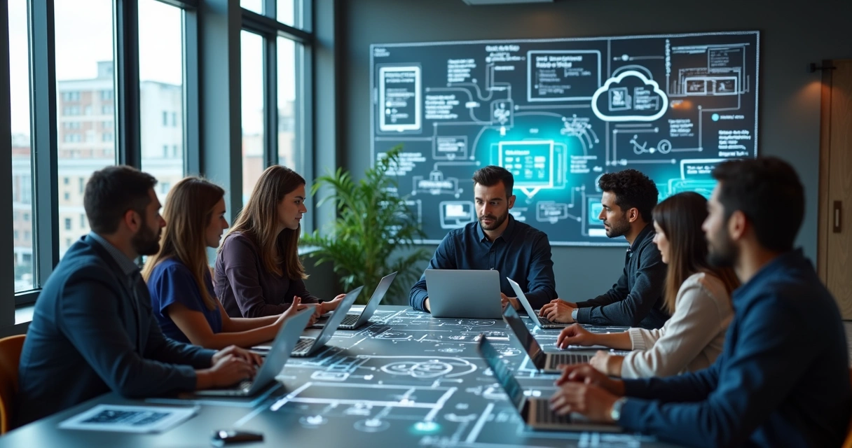 Equipe multidisciplinar discutindo projeto de software em ambiente moderno de escritório 