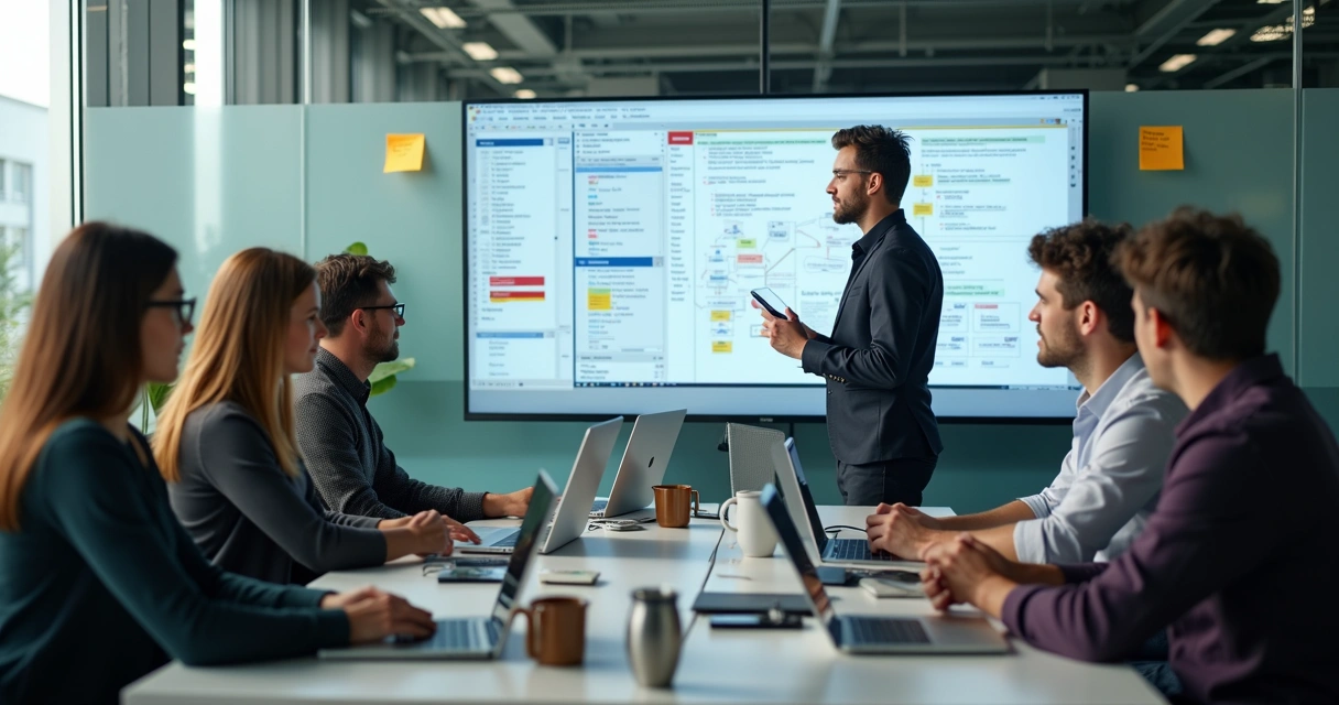 Equipe de desenvolvimento trabalhando em software personalizado 