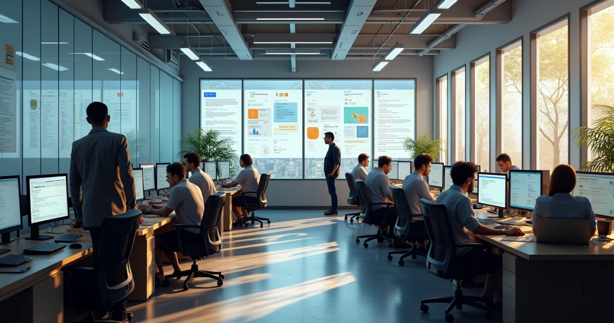 Equipe trabalhando no desenvolvimento de software em ambiente colaborativo.