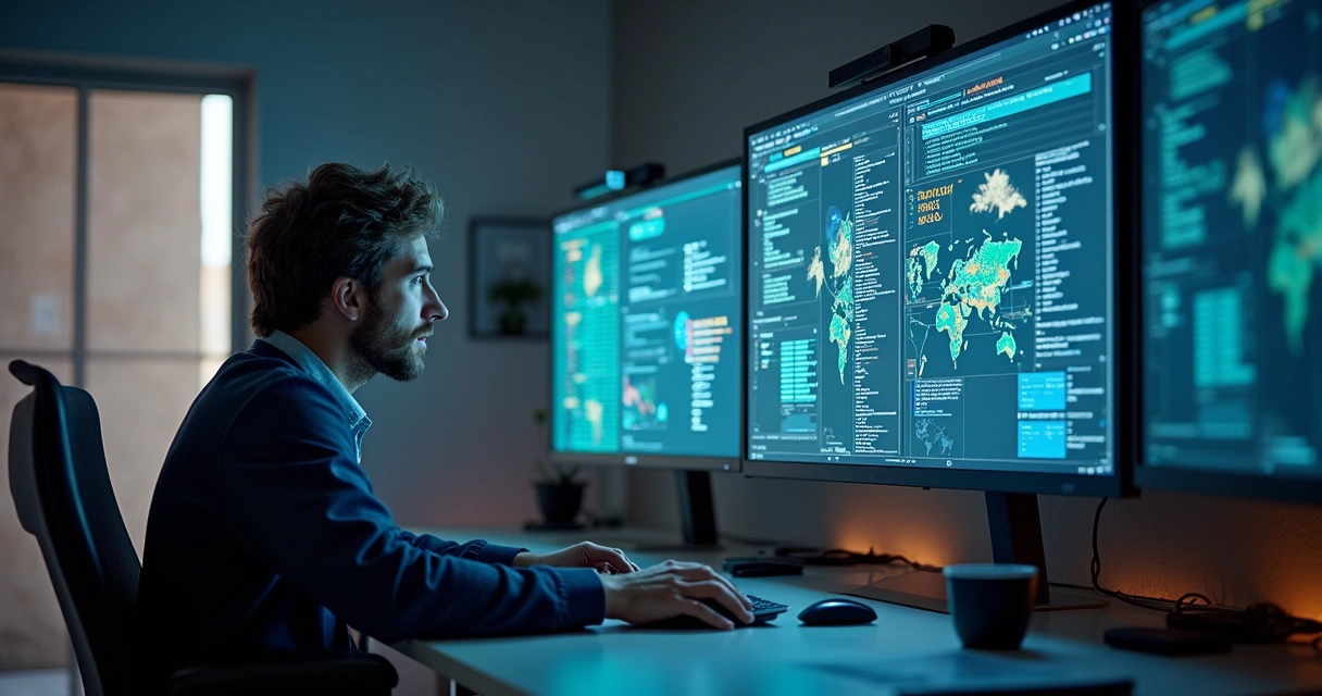 Equipe multidisciplinar em ambiente moderno trabalhando em projeto de software personalizado com computadores e telas digitais 