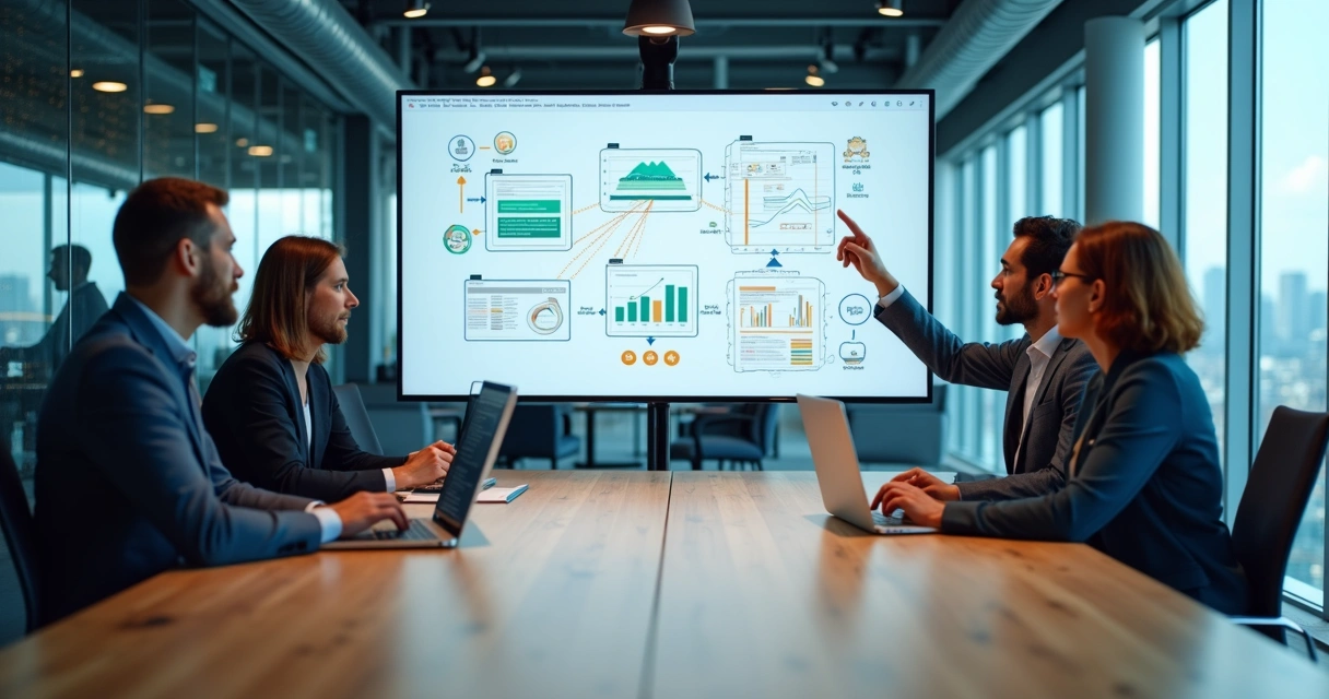 Equipe de desenvolvimento de software colaborando em ambiente corporativo moderno 