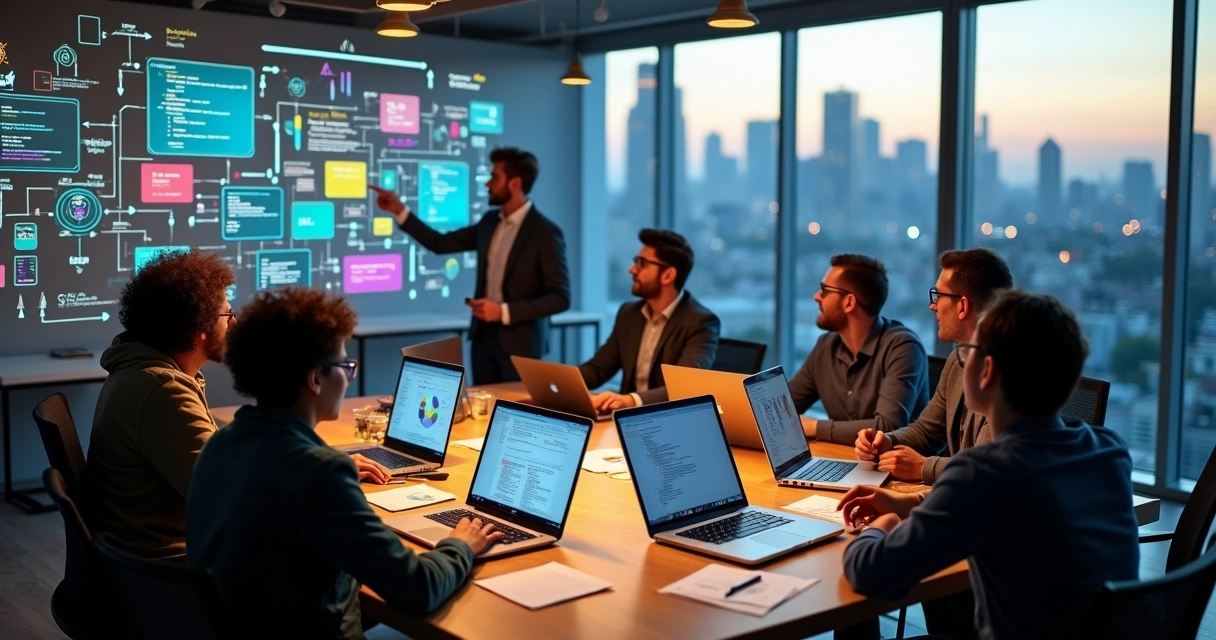 Equipe diversa colaborando em mesa com projetos digitais e post-its coloridos 