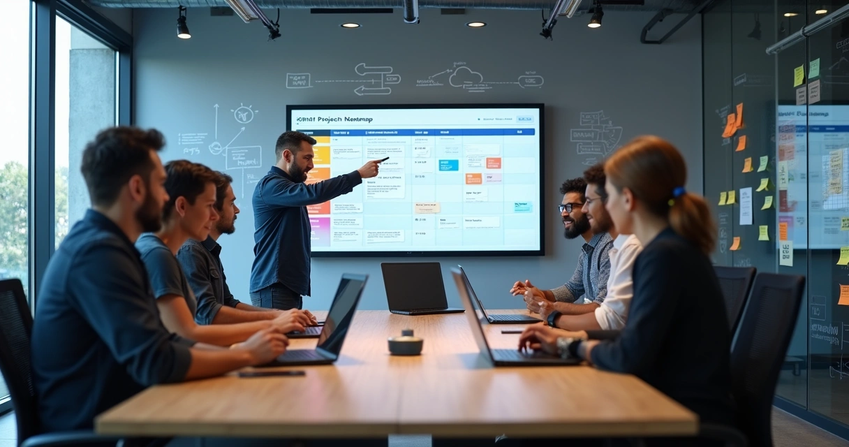 Equipe de desenvolvimento planejando projeto de software em escritório moderno 