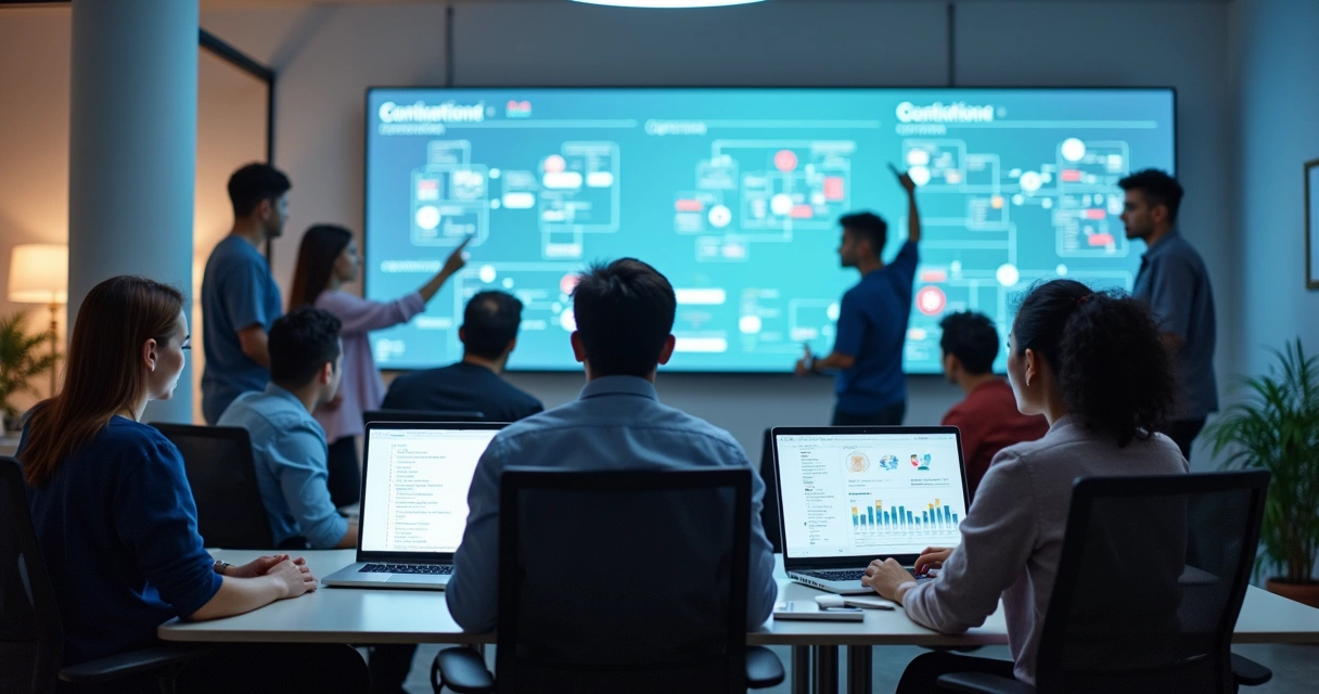 Equipe de desenvolvimento de software colaborando em escritório moderno 