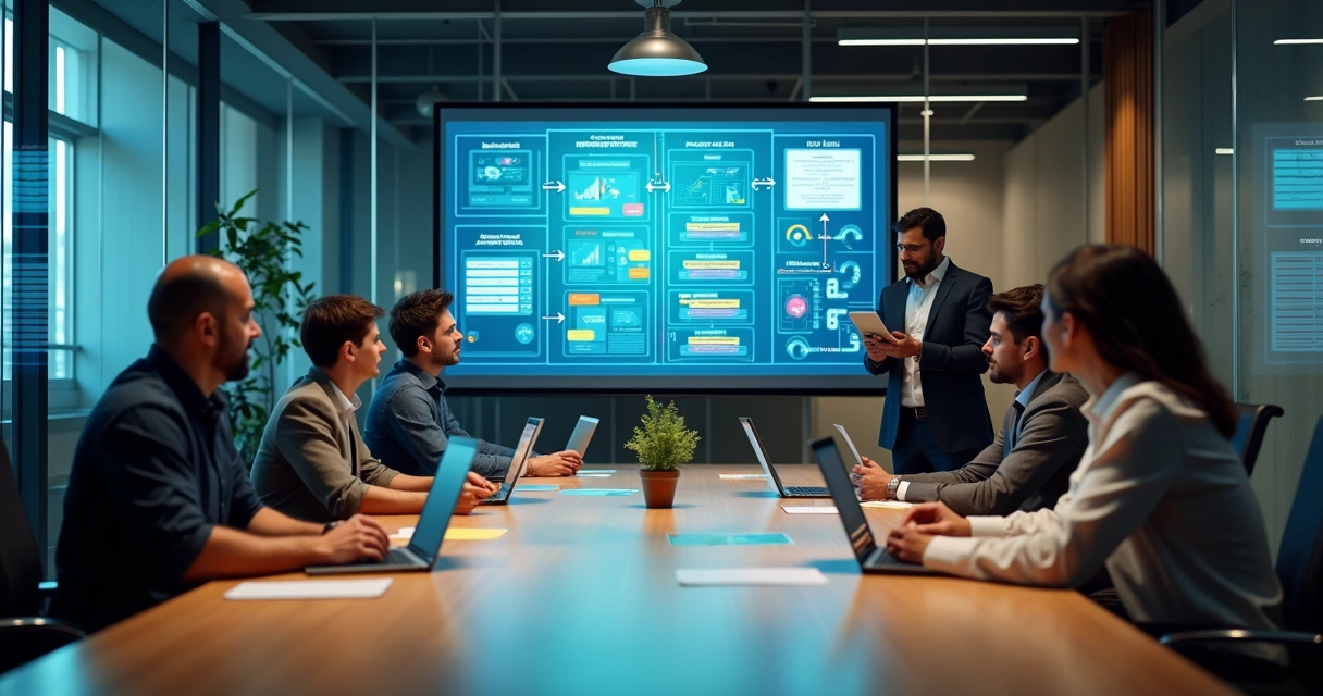 Equipe de TI analisando painel com fluxo de desenvolvimento de software sob medida 