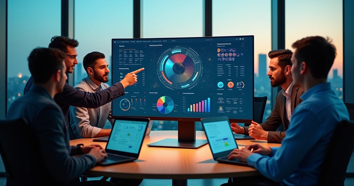 Equipe de desenvolvimento projetando software sob medida com painel de dados e ícones de automação e inteligência artificial 