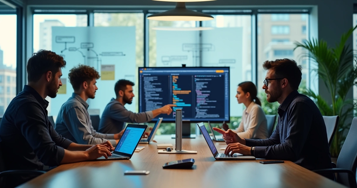 Equipe de desenvolvimento tecnológico reunida ao redor de uma mesa com computadores