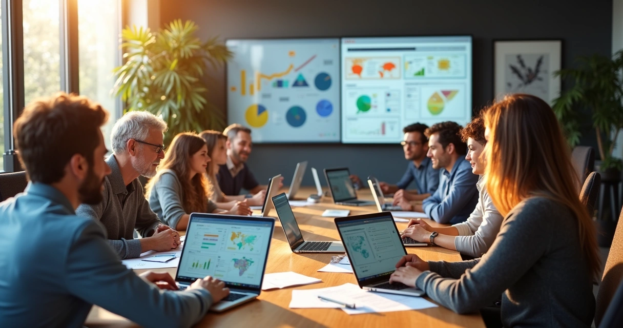 Equipe de desenvolvimento em reunião com notebooks na mesa e telas mostrando gráficos. 