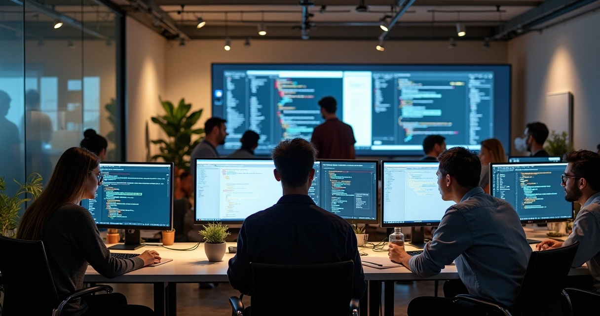 Equipe terceirizada trabalhando em computadores em ambiente corporativo moderno 